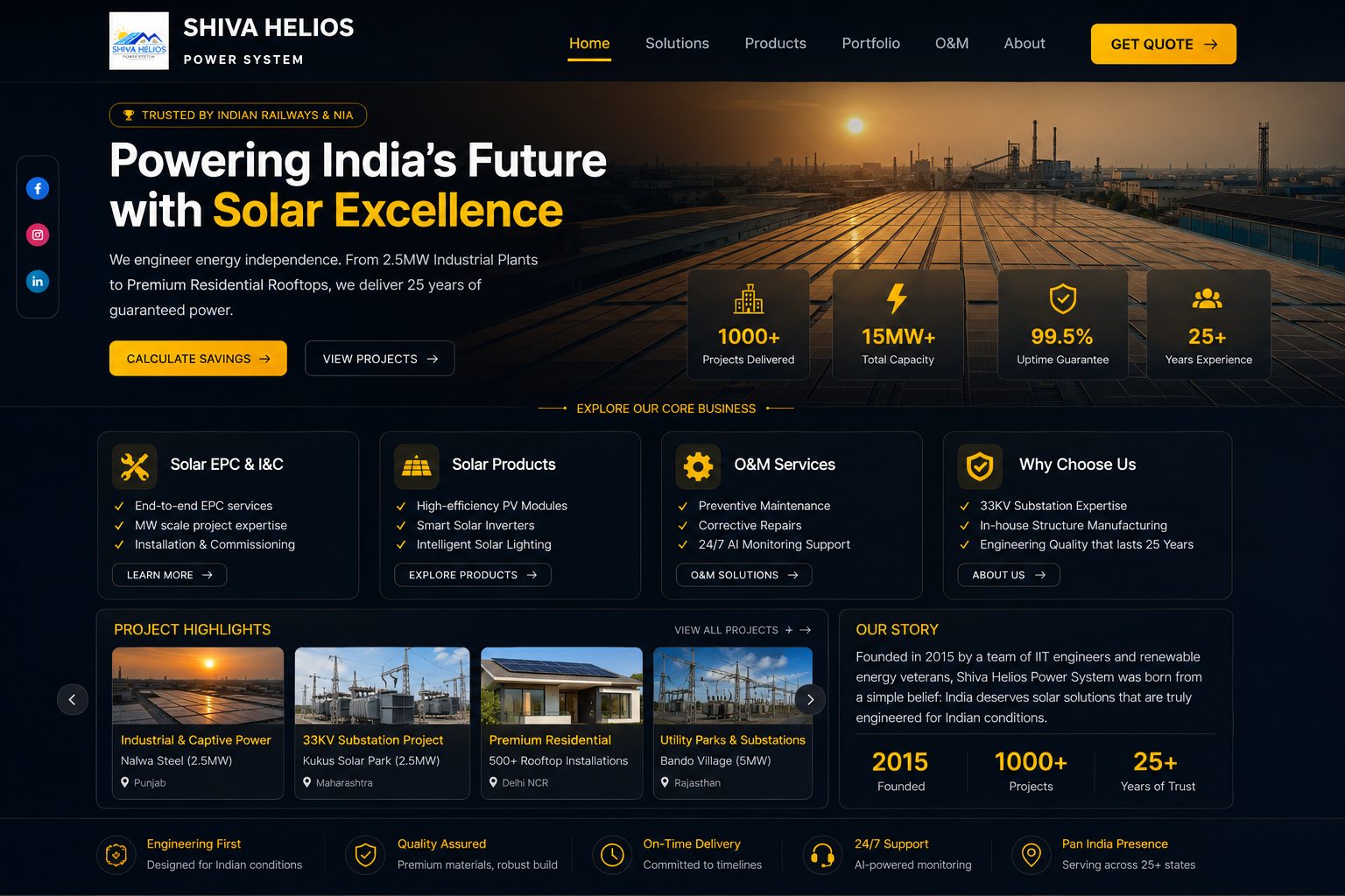 Shiva Helios Power System solar energy website portfolio design with EPC, solar products, O&M services, project highlights, and trust statistics