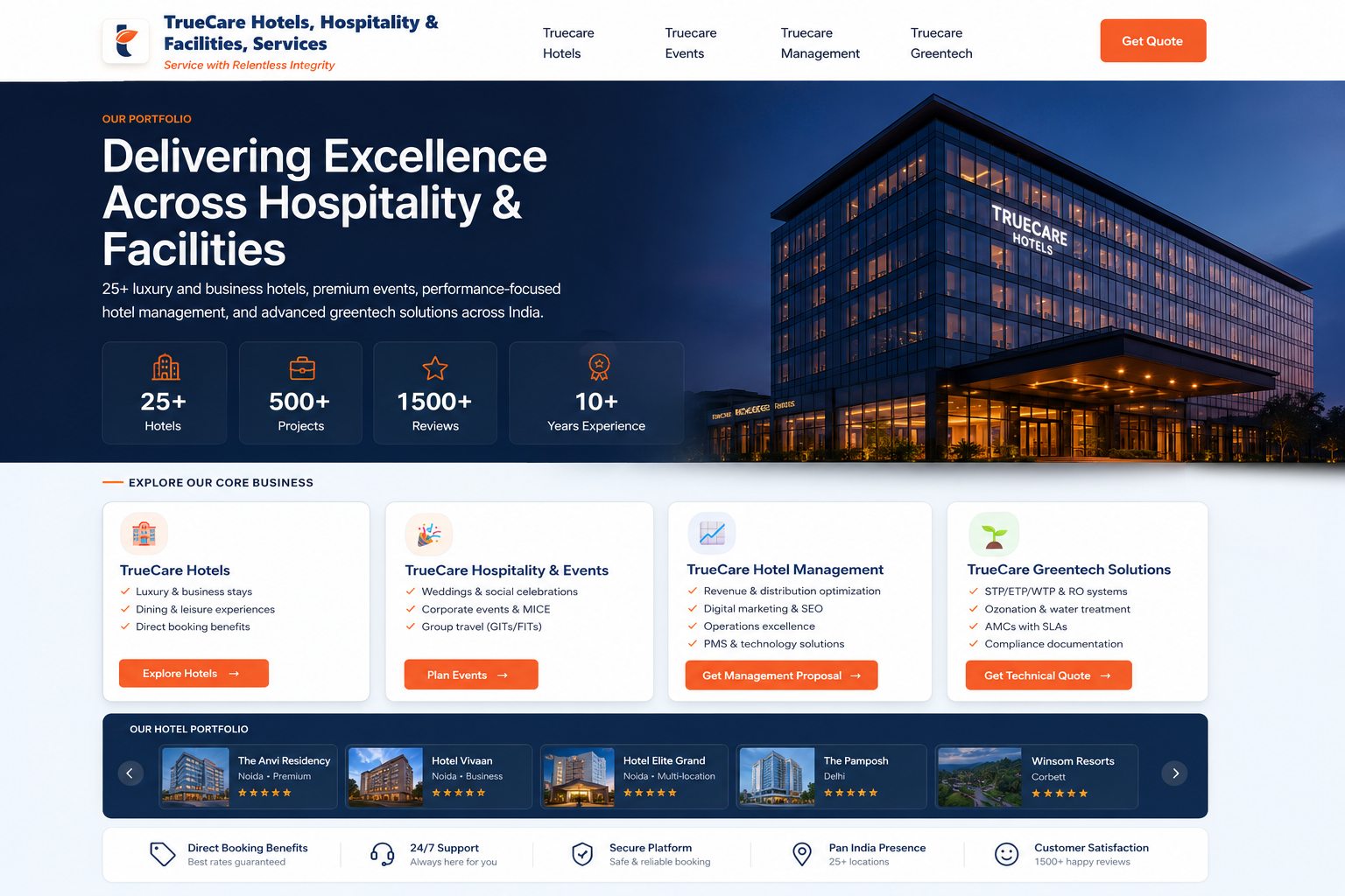 TrueCare Hotels hospitality and facilities website portfolio design with hotels, events, management, greentech services, and booking trust signals