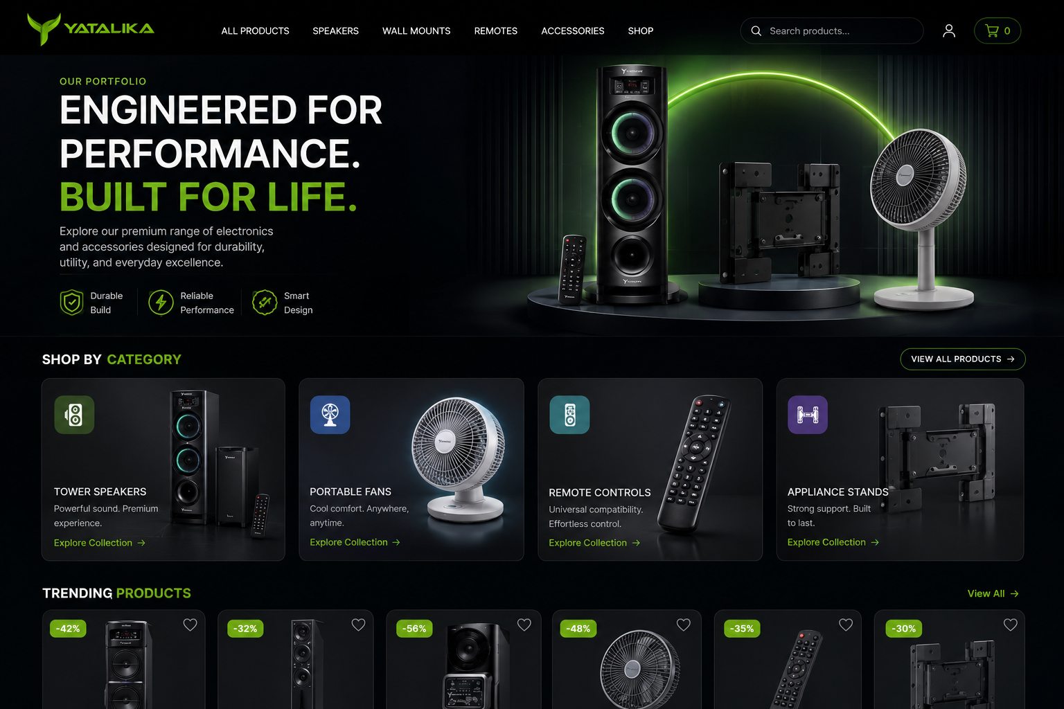 Yatalika electronics website portfolio design with product search, category navigation, tower speakers, fans, remotes, and wall mounts